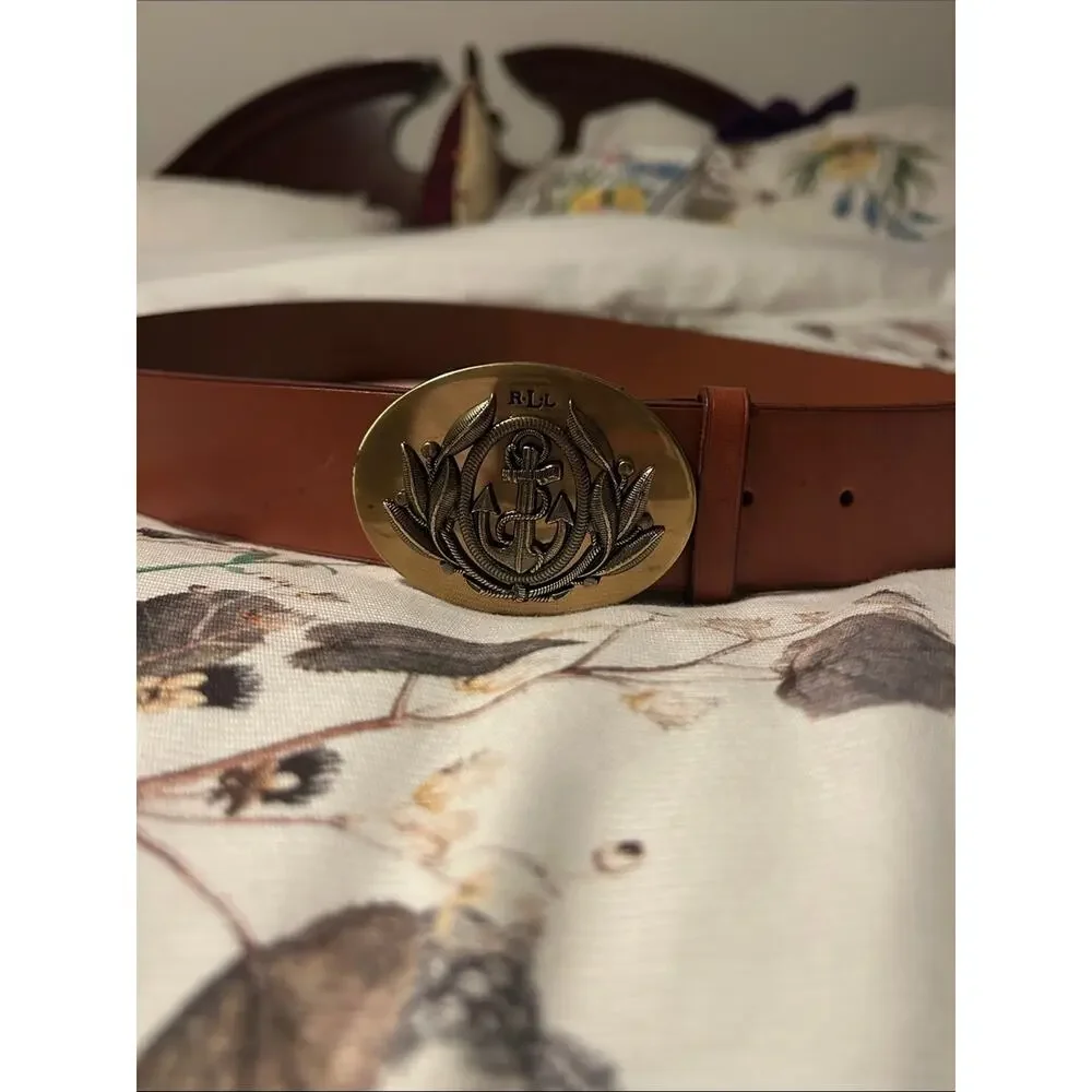 VTG Ralph Lauren Tan Leather Belt Brass Anchor Emblem Buckle XL